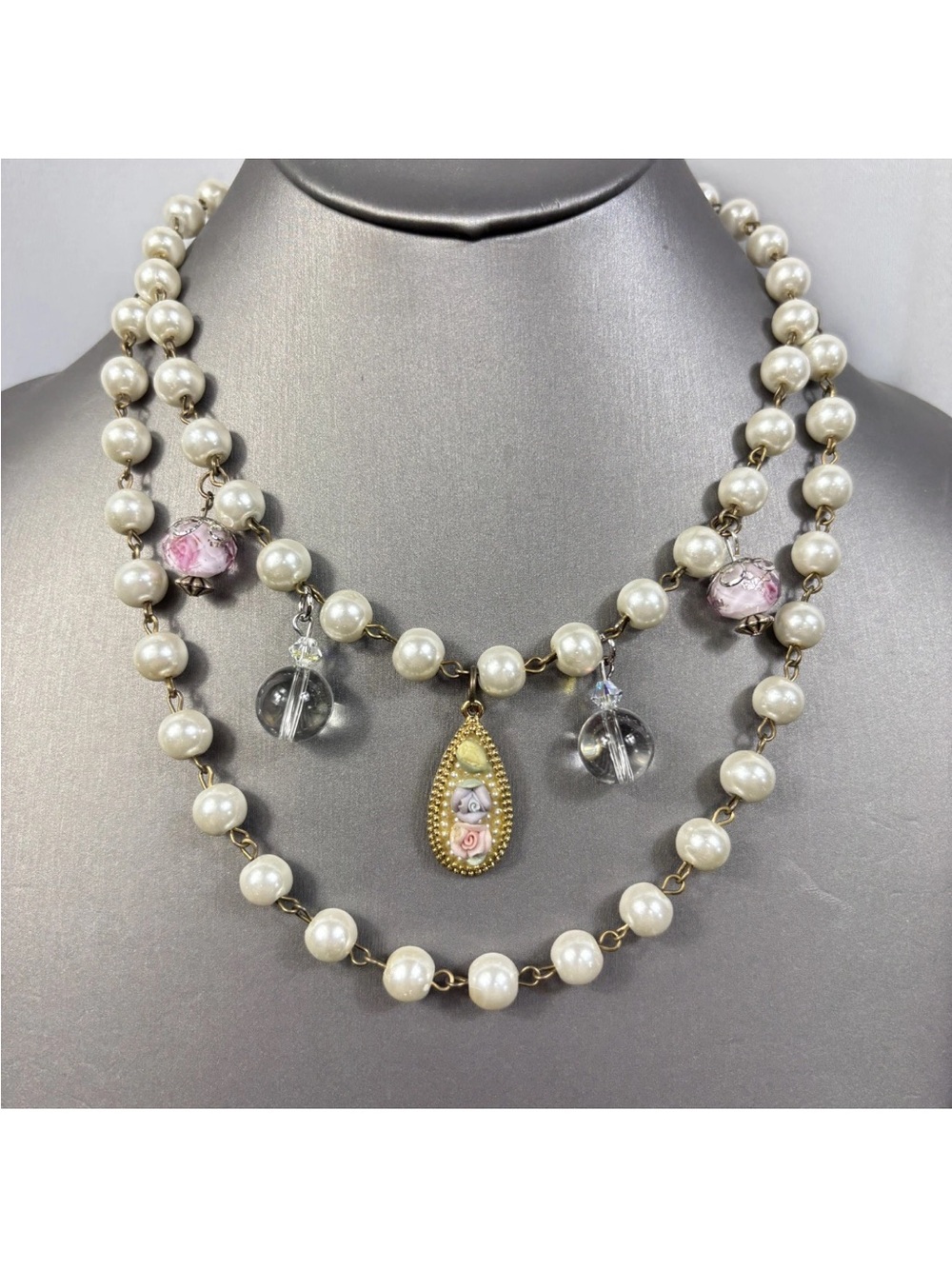 Handmade Upcycled Necklace Faux Pearl Charms Rose Pink White Coquette 16" - 18"